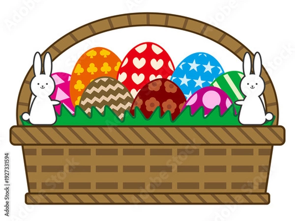 Obraz 祝祭、行事、イベントでもあるイースターをかごに入ったカラフルで派手な装飾の卵とうさぎをイラストでデザイン・表現したグラフィック素材