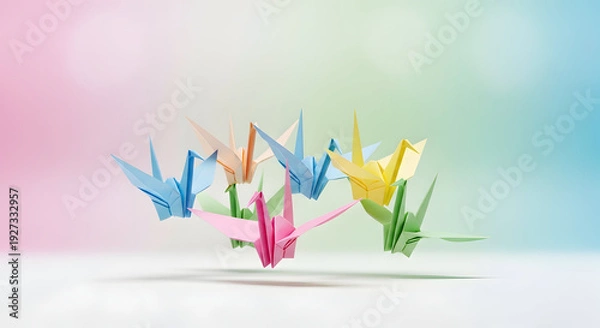 Obraz Colorful Origami Cranes on Gradient Background