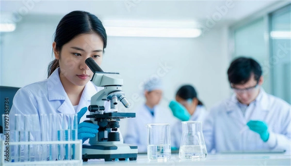 Obraz チームで作業するラボで顕微鏡を使って分析する女性研究者
