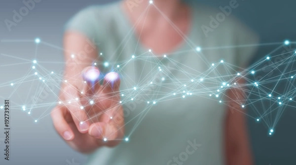 Fototapeta Businesswoman using flying network connection 3D rendering
