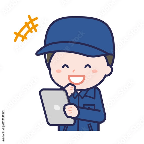 Obraz タブレットを使う「消防団員」の男性