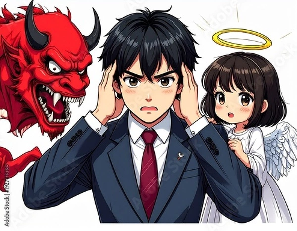 Obraz 悩むビジネスマンと天使と悪魔
