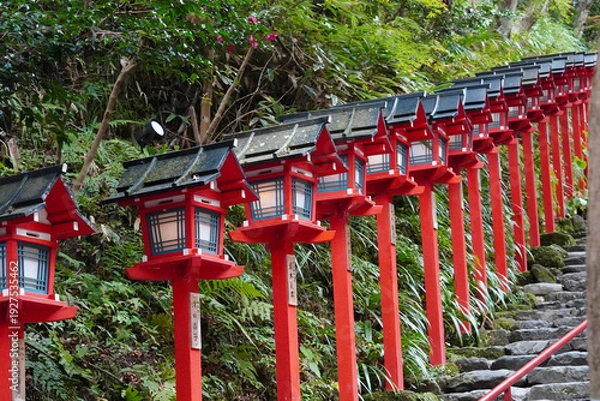 Obraz 京都貴船神社の朱塗りの灯籠が立ち並ぶ参道の石段