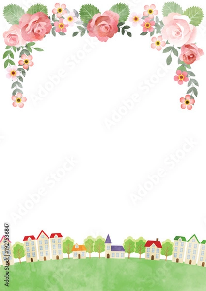 Obraz バラと街並みイラスト、春、かわいい、縦、水彩