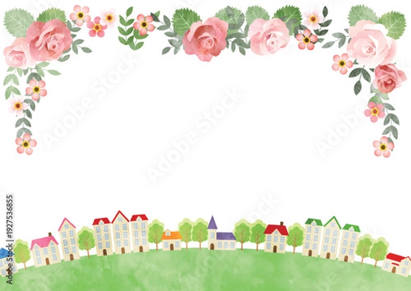 Obraz バラと街並みイラスト、春、かわいい、横、水彩