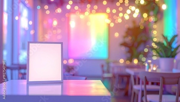 Obraz ゆめかわいいカフェの店内に置かれた、合成用の空白のホワイトボード・モックアップ