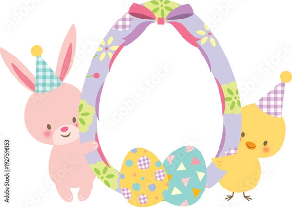 Obraz イースターの卵とうさぎとひよこ