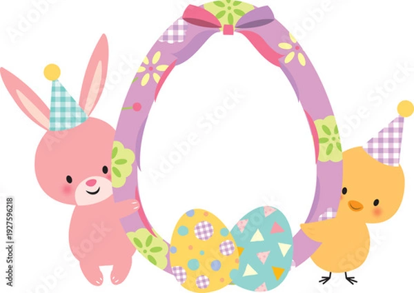 Obraz イースターの卵とうさぎとひよこ