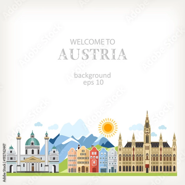 Fototapeta Austria background with traditional symbols and architecture info panoramic outdoor