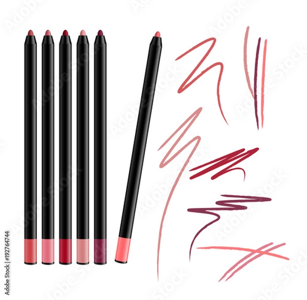 Fototapeta Cosmetic Make-up Eye liner Set Pencils Vector Isolated on White Background. Collection of lipliner pens for contour in glamour luxury vogue style. Color smear samples.