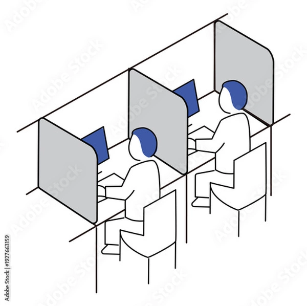 Obraz 個室ブース、パネルデスクで作業をする人、ベクターイラスト
