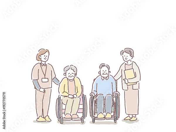 Obraz 介護、福祉のイラスト（車椅子、ケアマネジャー、看護師、介護士、高齢者）