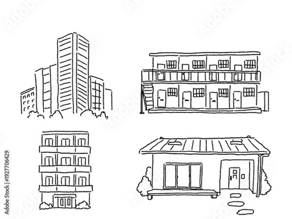 Obraz 建物のイラストセット（アパート、ビル、平屋、マンション、）、線画