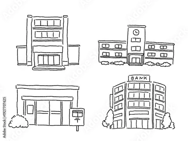 Obraz 建物のイラストセット（役所、郵便局、学校、銀行）、線画、