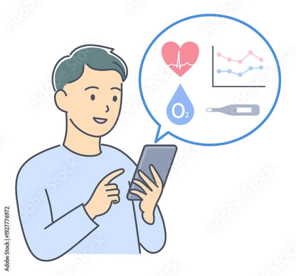 Obraz スマートフォンでバイタルデータを確認している若い男性のイラスト