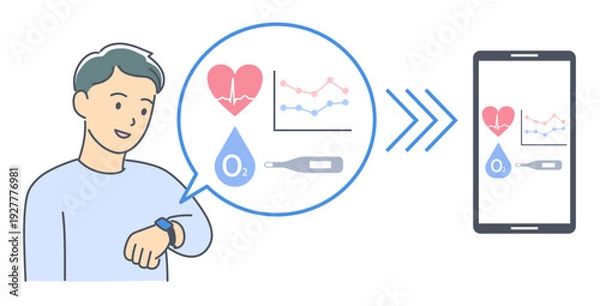 Obraz 男性のスマートウォッチのバイタルデータがスマートフォンに共有されているイラスト