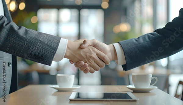 Obraz カフェで堅い握手を交わすスーツ姿の男性の手元　ビジネス、商談、契約イメージ