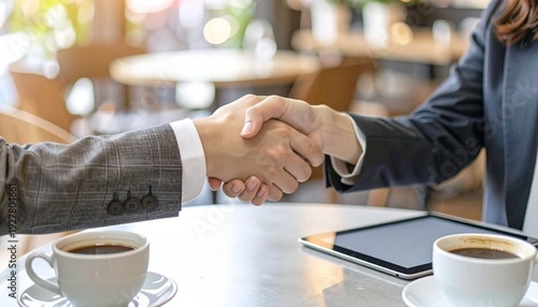 Obraz カフェで握手を交わすスーツ姿の女性と男性の手元　ビジネス、商談、契約イメージ