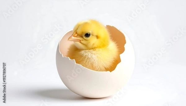 Fototapeta Yellow Chick Hatching from Eggshell Closeup.