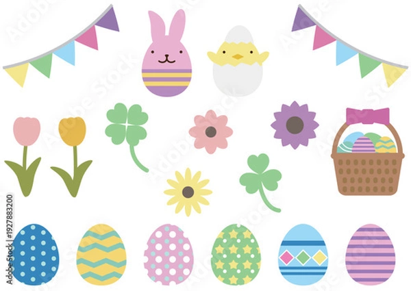 Obraz ウサギやヒヨコや卵やクローバーなどの春の素材が入ったイースターイラストセット