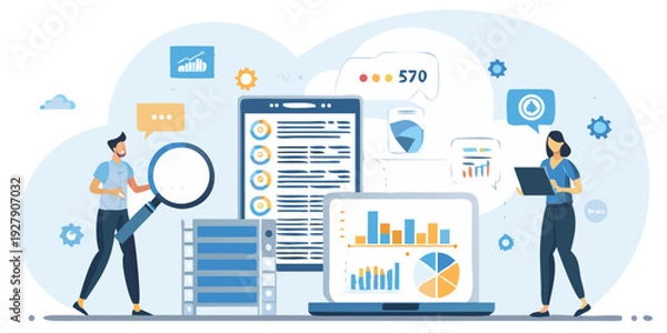 Obraz Data analysis and cloud computing illustration with people and technology