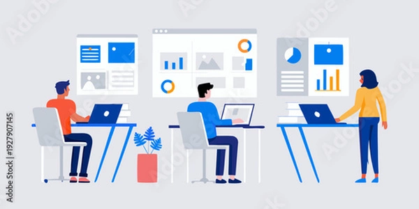 Obraz Team collaboration and digital workspace with people using laptops