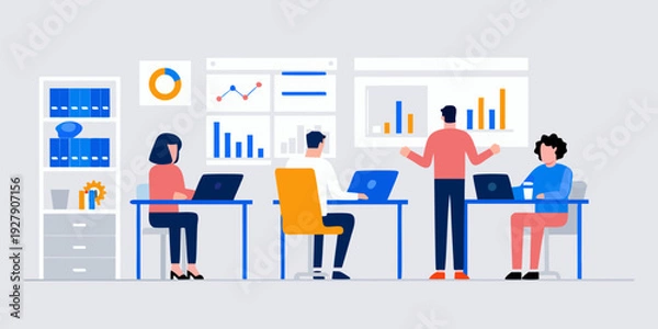 Obraz Team collaborating in a modern office space with data visualizations