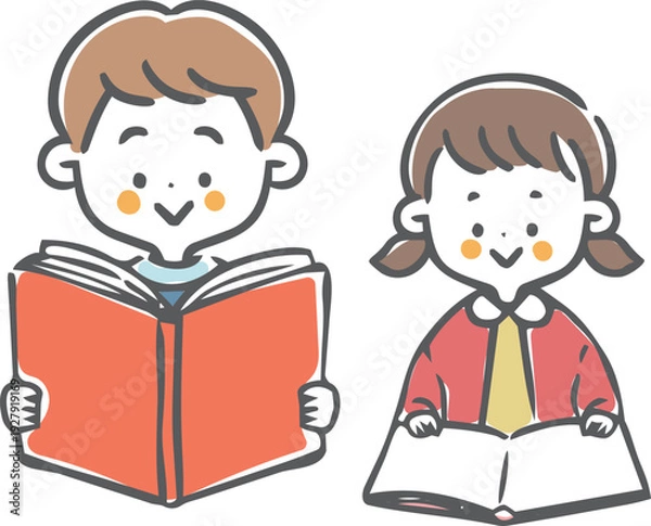 Obraz 本を読む男の子と女の子　ベクター