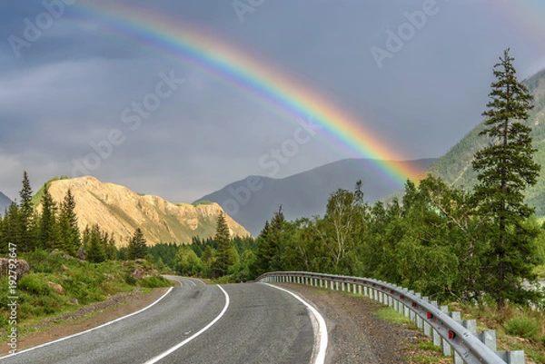 Fototapeta road mountain rainbow forest cloudy