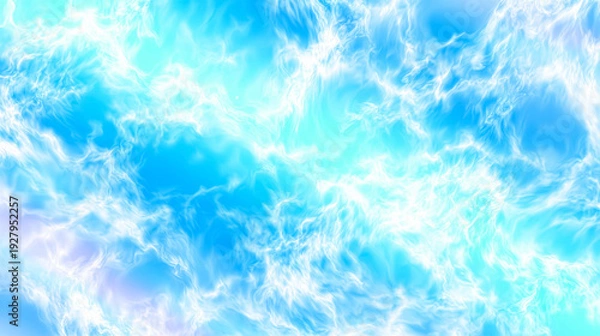 Obraz 青と白の幻想的な光が交錯する抽象的なエネルギーの背景。水面や空の雲を連想させる流動的でダイナミックなデザインのグラフィック素材。
