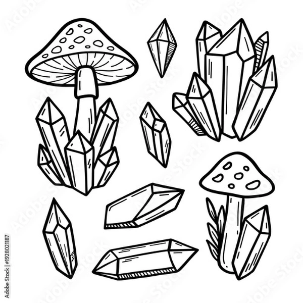 Obraz Crystals and mushrooms vector line art