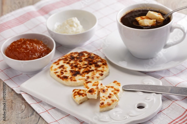 Obraz Cheese, cloudberry jam, and coffee