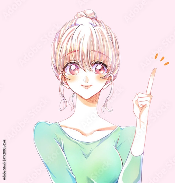 Obraz 人差し指をさすお団子頭の女性