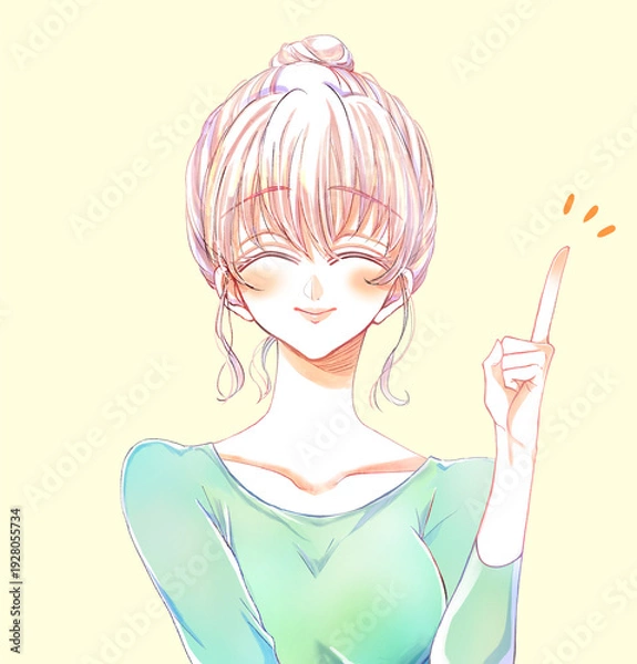 Obraz 人差し指をさすお団子頭の女性　にっこり