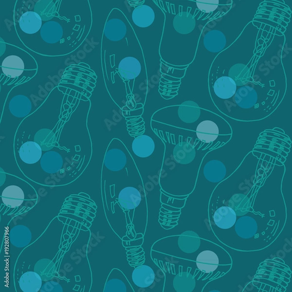 Fototapeta Hand drawn incandescent and LED light bulbs vector pattern background in blue, teal and green colors palette