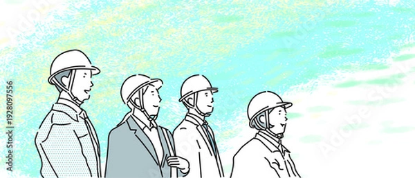 Obraz ヘルメットと作業着を着たビジネスパーソンーチームー明るい未来を夢見る男女ーシンプル線画イラスト素材