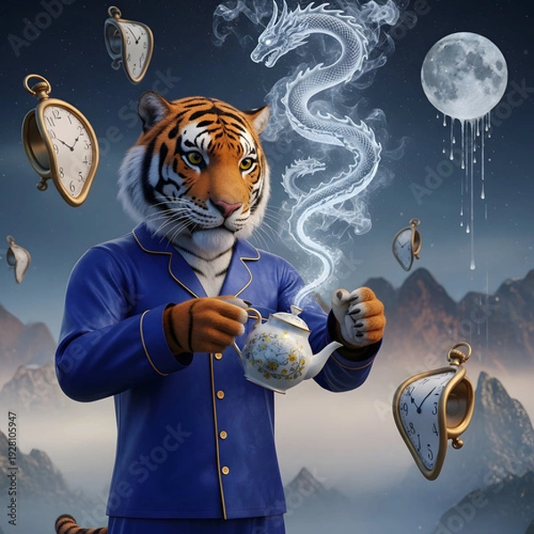 Obraz Surreal Tiger Sipping Tea Under Moonlight