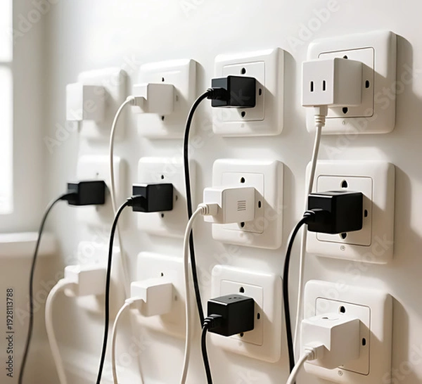 Obraz Multiple wall sockets with various smartphone chargers plugged in