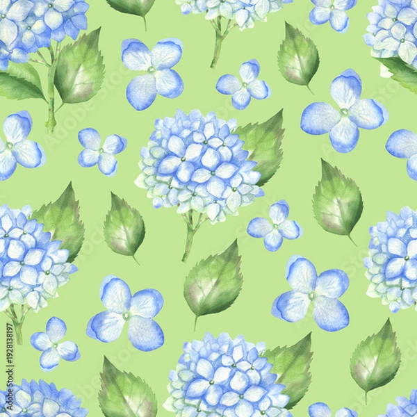 Obraz Seamless pattern blue hydrangeas green