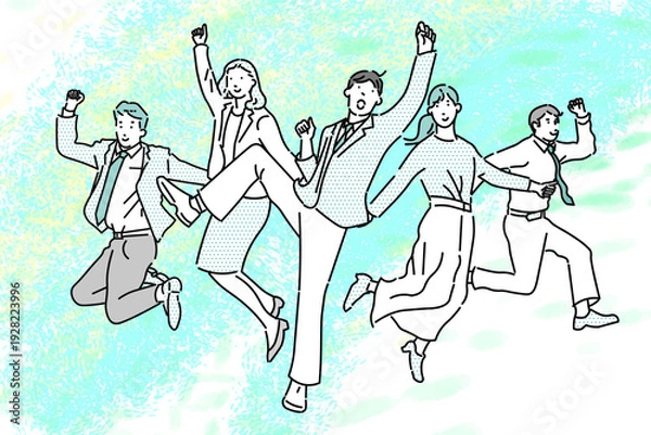 Obraz スタートアップのイメージイラストージャンプするビジネスパーソンーカジュアル服ー抽象的背景イラスト素材