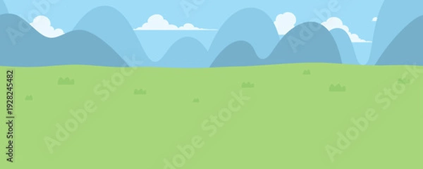 Obraz シンプルな草原と山と空の風景イラスト_横スクロールゲームの背景_シームレス