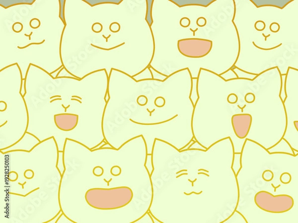 Obraz たくさんの猫が集まって楽しそうにしているイラスト　背景・ポスター・壁紙　黄緑