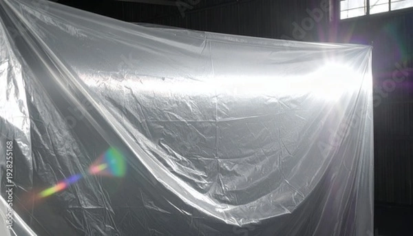 Fototapeta 어두운 실내 공간에 드리워진 얇은 비닐 시트가 강한 광원을 받아 눈부신 반사와 렌즈 플레어를 만들어내며 독특한 질감과 기하학적인 주름을 보여주는 추상적인 이미지입니다.