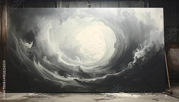 Fototapeta 예술가의 작업실에 전시된 대형 캔버스 속에 흑백의 단색조로 그려진 역동적인 소용돌이와 폭풍우 구름이 중앙의 신비로운 빛을 향해 모여드는 드라마틱하고 웅장한 느낌의 추상화 작품입니다.