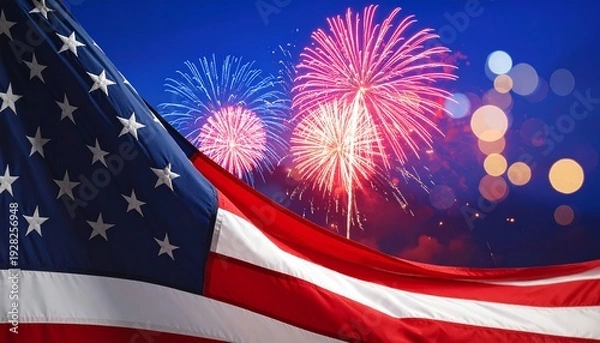 Fototapeta 밤하늘을 화려하게 수놓는 다채로운 불꽃놀이와 환상적인 보케 조명을 배경으로 성조기가 웅장하게 펄럭이는 모습은 미국 독립기념일의 열정적인 축제 분위기와 깊은 애국심을 상징적으로 잘 보여줍니다.