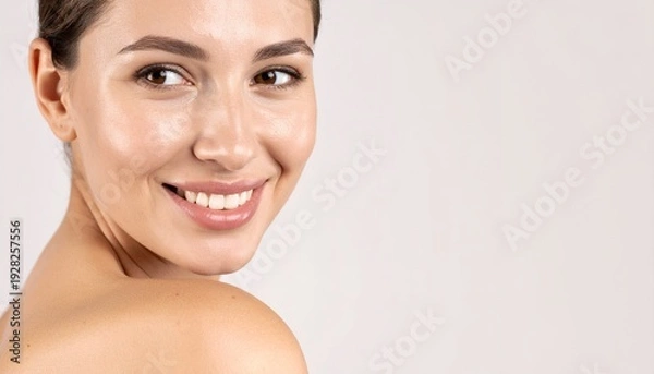 Fototapeta 하얗고 고른 치아를 드러내며 환하게 웃고 있는 젊은 여성의 클로즈업 모습으로 깨끗한 피부와 자연스러운 메이크업이 돋보이는 뷰티 및 스킨케어 광고 컨셉의 고해상도 이미지이며 긍정적인 에너지를 전달합니다.