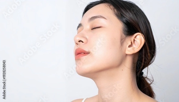 Fototapeta 하얀 배경 앞에서 눈을 감고 평온한 표정으로 깊은 숨을 들이마시며 휴식을 취하고 있는 깨끗하고 건강한 피부를 가진 젊은 아시아 여성의 아름다운 옆모습 클로즈업 사진입니다.