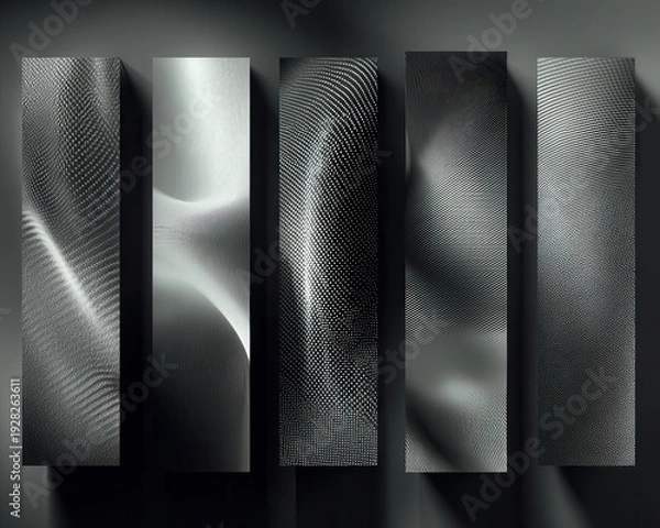 Fototapeta 현대적인 인테리어 디자인을 위한 다섯 개의 수직 금속 패널이 있는 추상적인 흑백 텍스처 배경으로 세련되고 미니멀한 분위기를 연출하며 고급스러운 산업용 소재의 느낌과 예술적인 감각을 강조합니다.