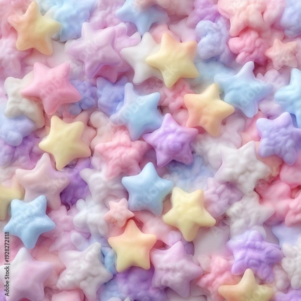 Fototapeta 부드러운 파스텔 톤의 분홍색과 보라색 그리고 노란색 별 모양 마시멜로 사탕들이 촘촘하게 가득 쌓여 있는 몽환적이고 귀여운 느낌의 클로즈업 배경 이미지로 달콤한 분위기를 연출합니다.
