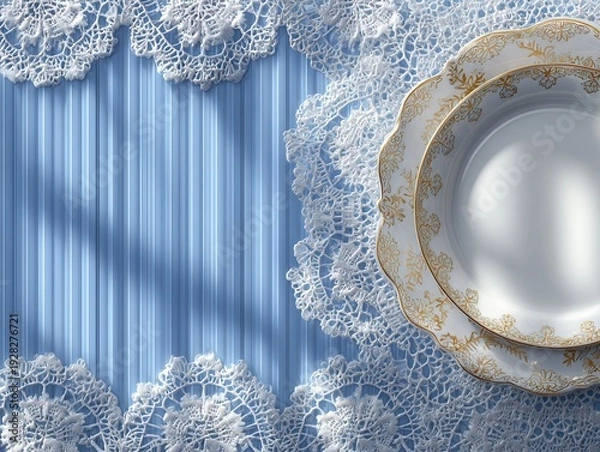 Fototapeta 파란색 줄무늬 배경 위에 놓인 정교한 흰색 레이스 장식과 금색 테두리가 있는 우아한 빈티지 스타일의 도자기 접시 세트가 조화롭게 어우러진 고급스러운 테이블 세팅 이미지입니다.